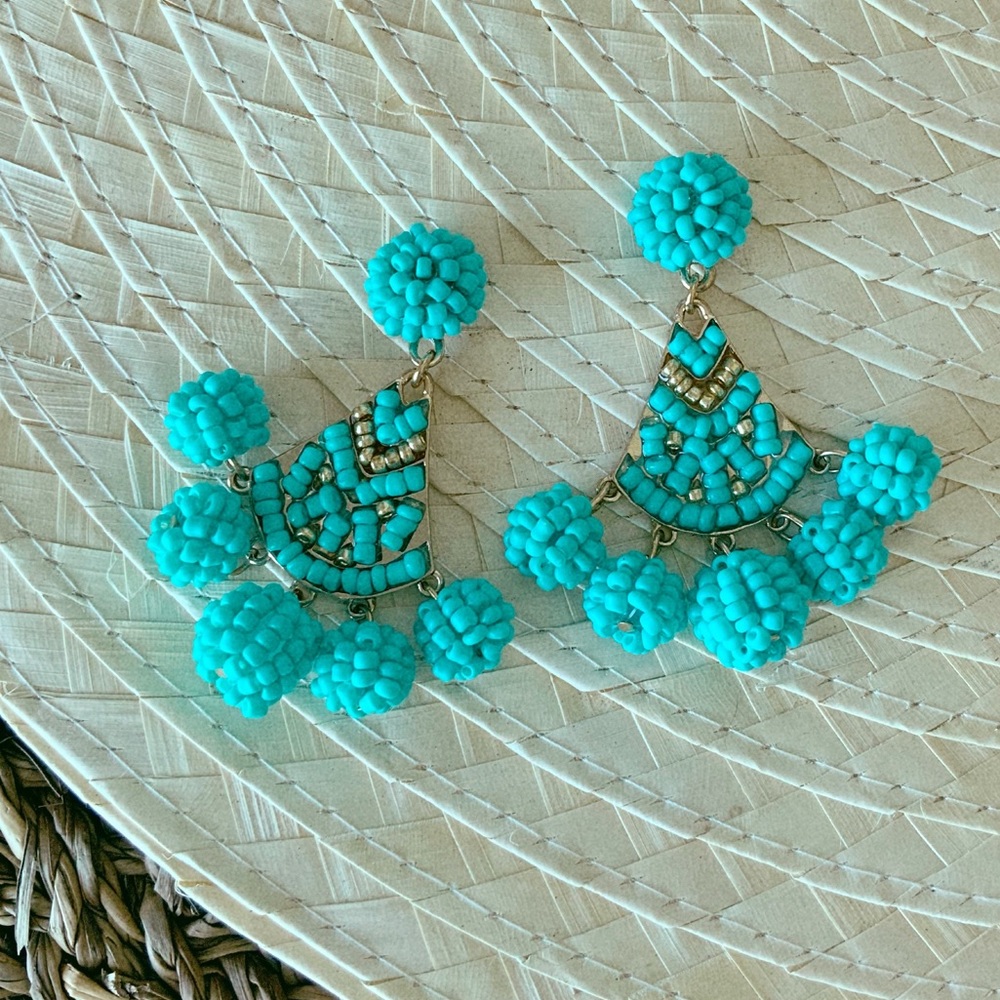 Aqua Beaded Hoop Drop Earrings (A6)